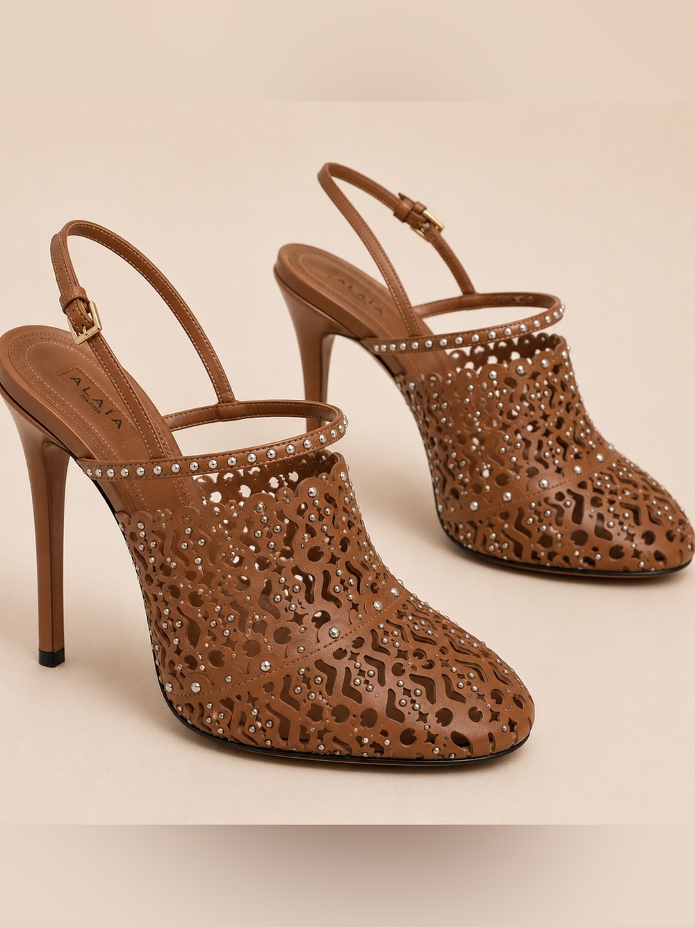 ALAÏA Paris Studded Laser Cut Leather Slingback Heels Pumps 38